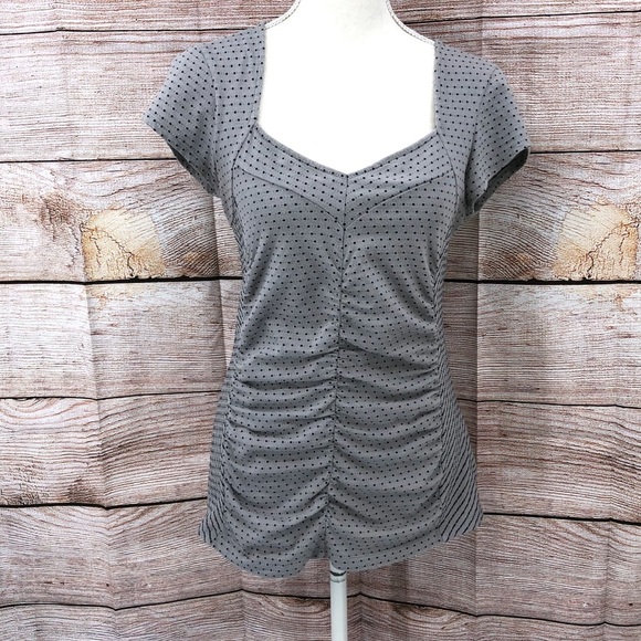 Anthropologie Postmark Gray Polka Dot Ruche Short Sleeve Top Size M - Picture 1 of 11